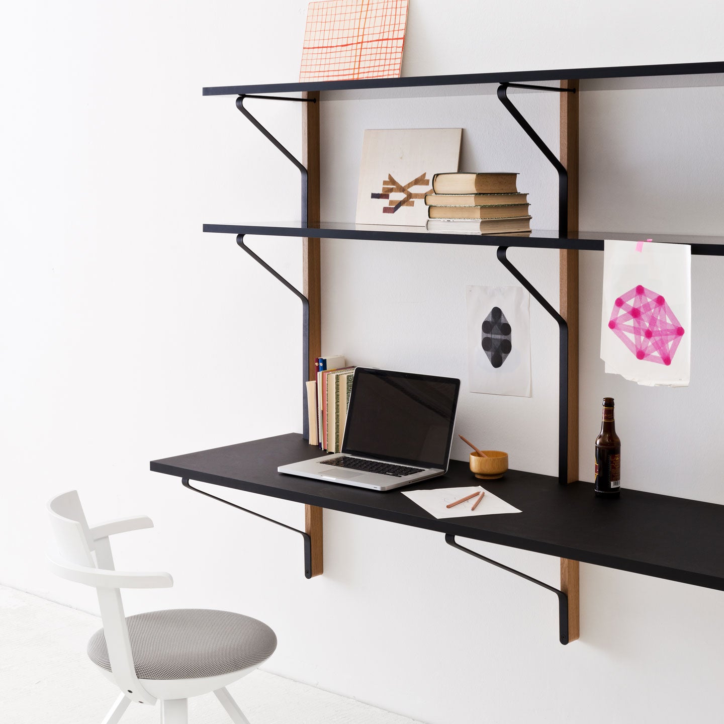 Kaari Shelf With Desk | Black Linoleum and Black Melamine Surfaces