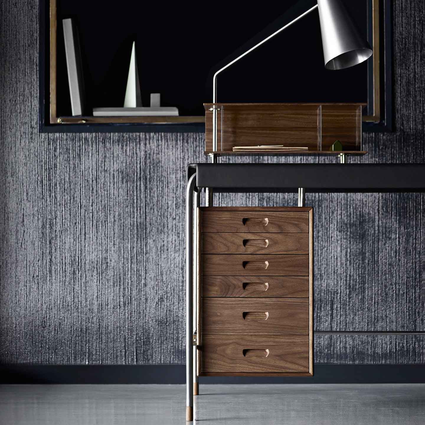AJ52 Society Desk 160cm | Black Leather Top with Oiled Walnut Drawers