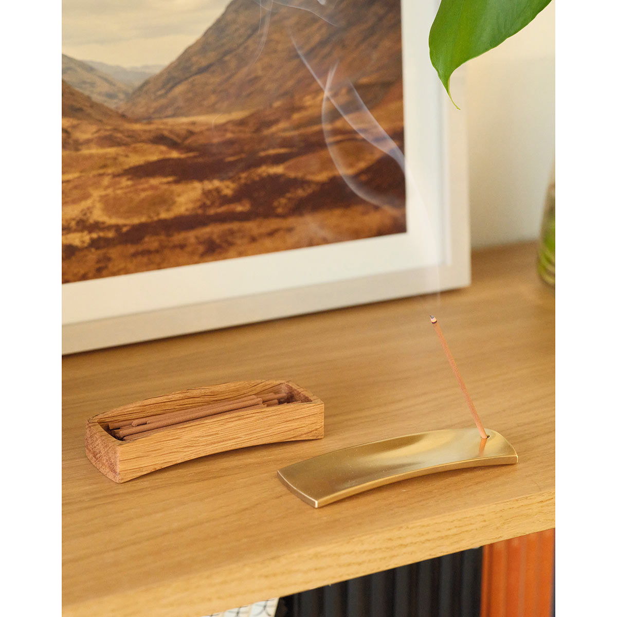 Ellipse Segment Incense Burner Set | White Oak and Brass