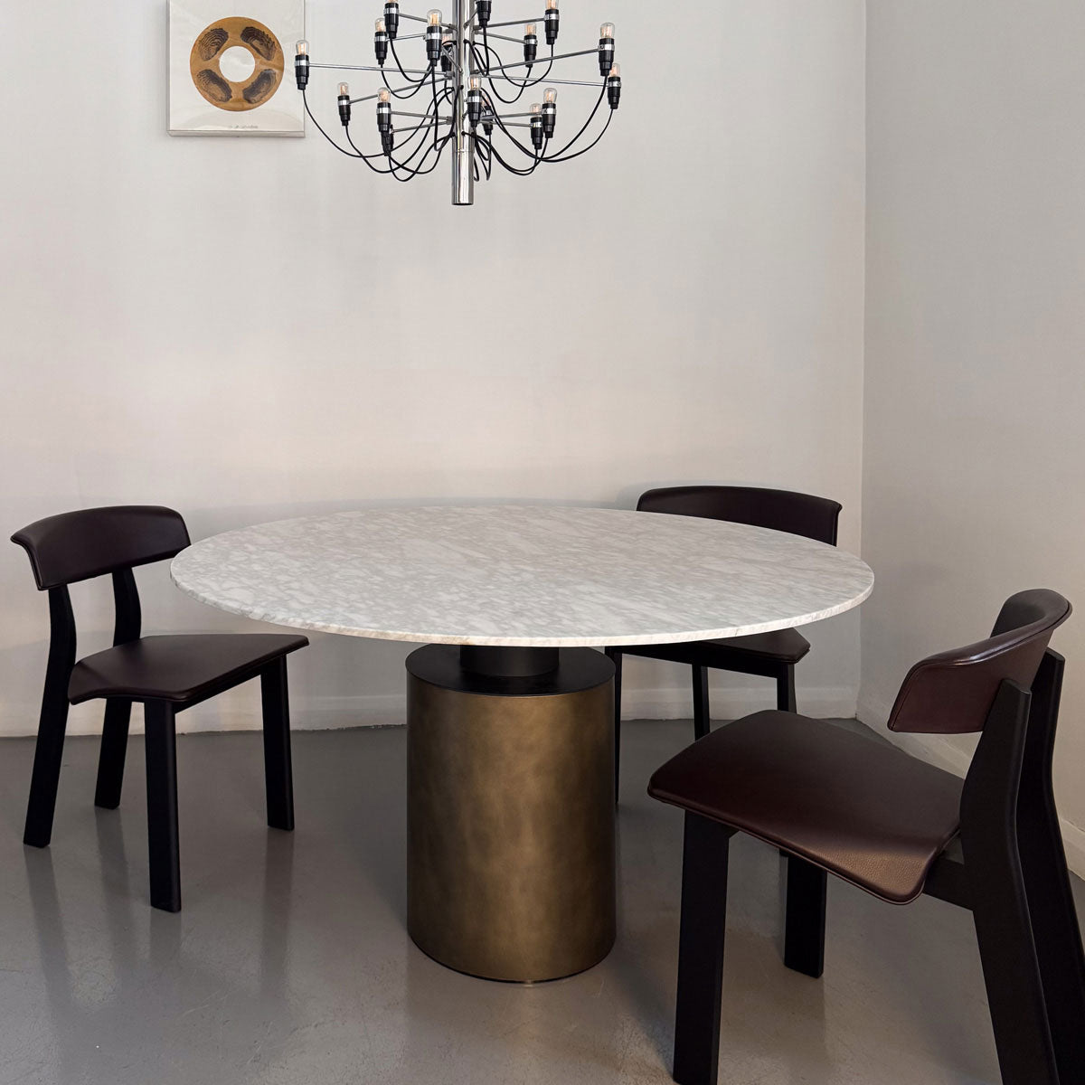 Ex Display Creso Dining Table 130cm | Glossy White Carrara Marble Top and Orbital Bronze Matt Painted Base