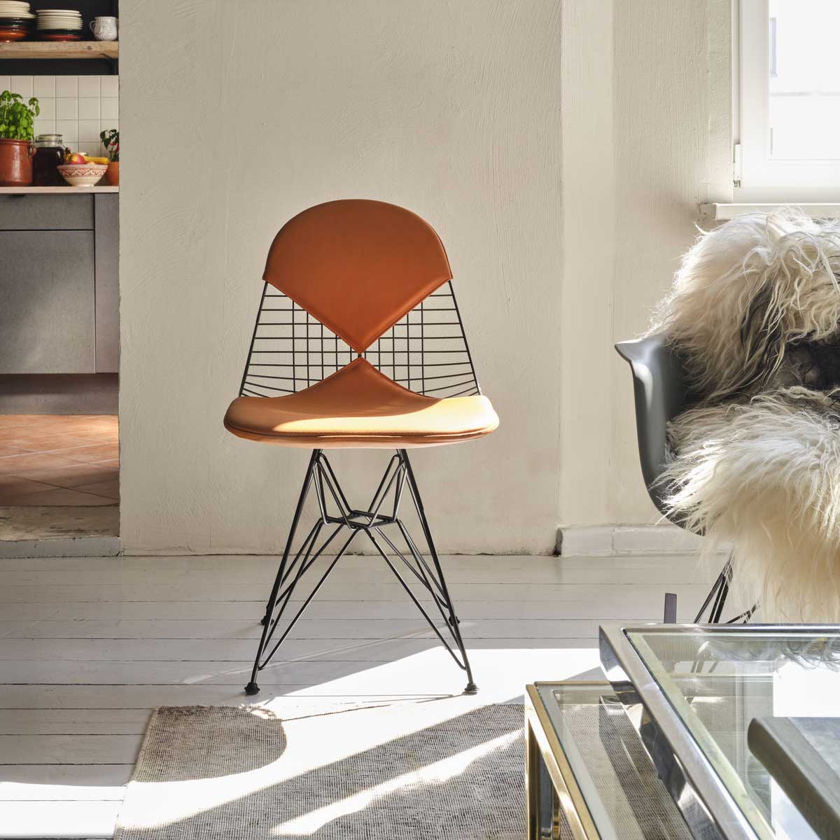 DKR-2 Eames Wire Chair | Cognac Premium F Leather Seat and Back Pad
