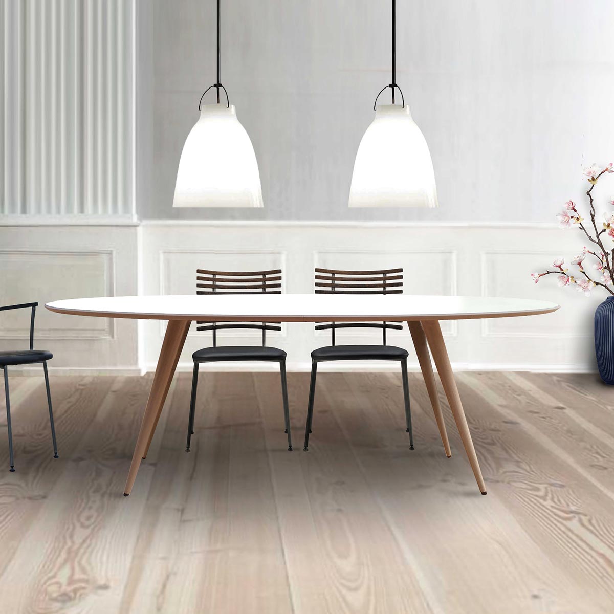 Edge Extending Oval Table GM3900 | White Corian Top Walnut Legs