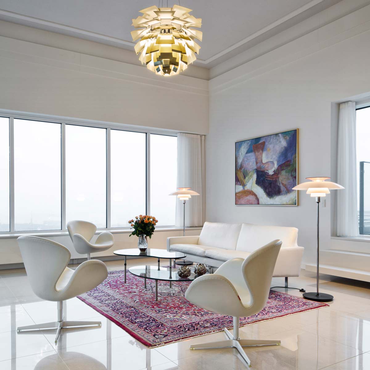 PH 80 Floor Lamp | Opal Shade with white reflector and black stem