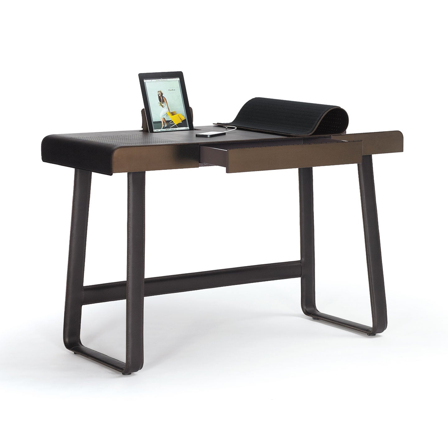 Pegasus Desk | Mokka Leather Top and Burnished Steel Fronts