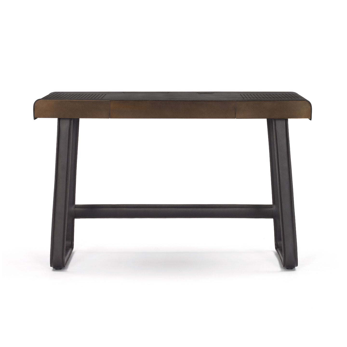 Pegasus Desk | Mokka Leather Top and Burnished Steel Fronts