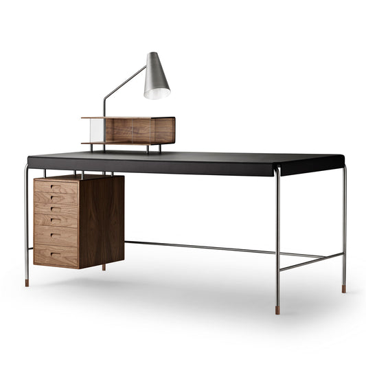 AJ52 Society Desk 160cm | Black Leather Top with Oiled Walnut Drawers