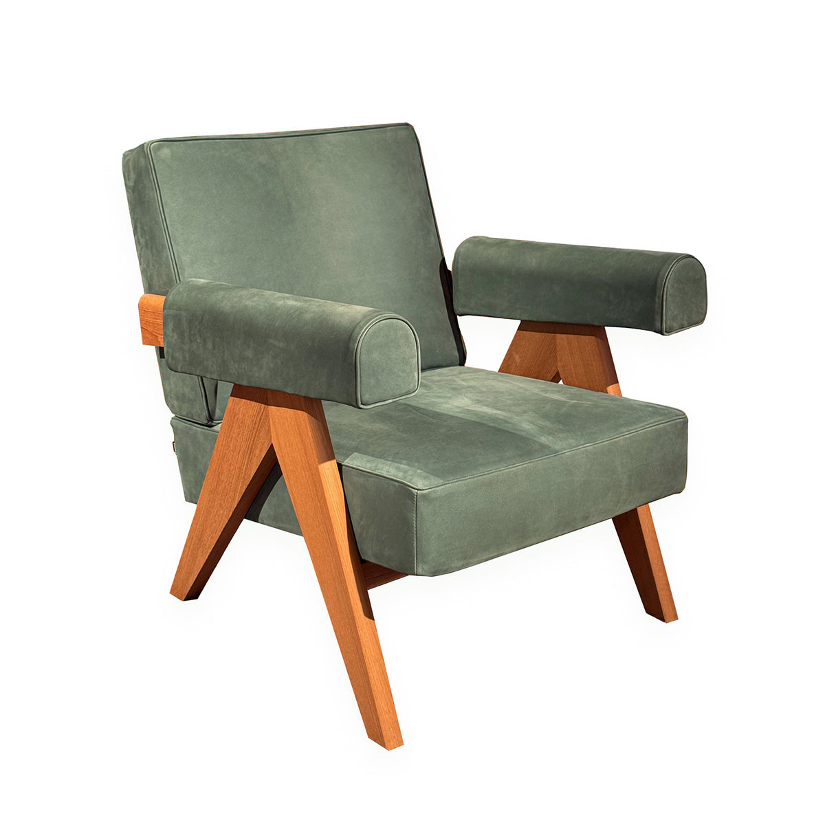 Ex Display Capitol Complex Lounge Chair | Nabuk 13Z514 Forest Green Leather and Natural Teak Frame