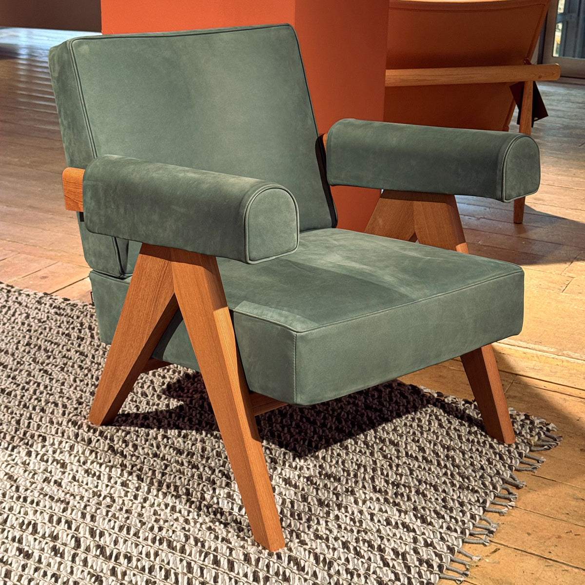 Ex Display Capitol Complex Lounge Chair | Nabuk 13Z514 Forest Green Leather and Natural Teak Frame