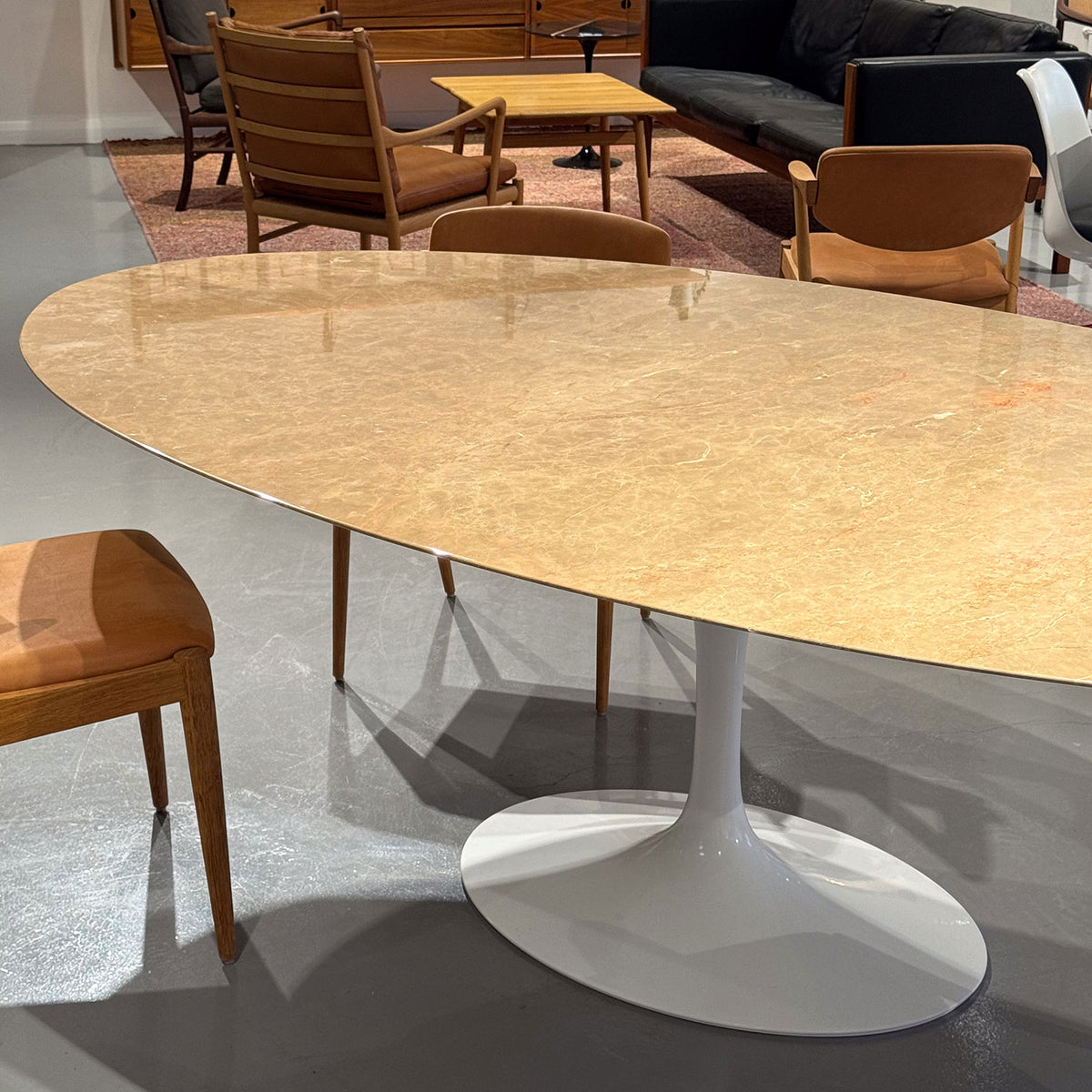 Ex Display Saarinen Oval Dining Table 244cm | Light Brown Emperador Marble Top and White Base