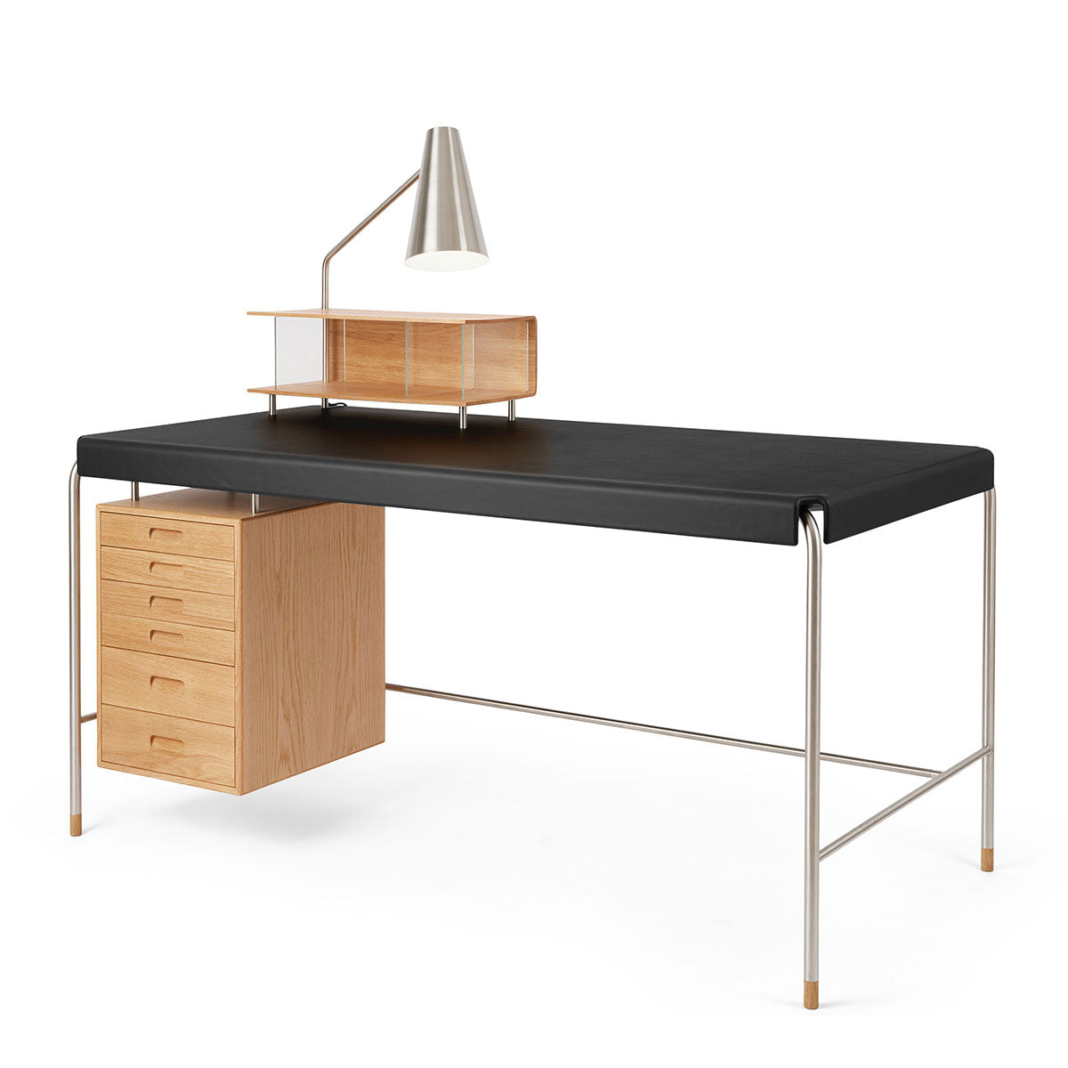 AJ52 Society Desk 160cm | Black Leather Top with Oiled Oak Drawers