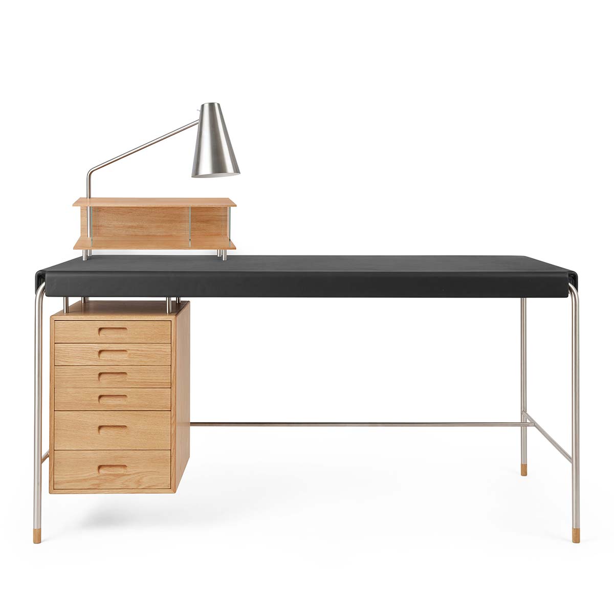 AJ52 Society Desk 160cm | Black Leather Top with Oiled Oak Drawers