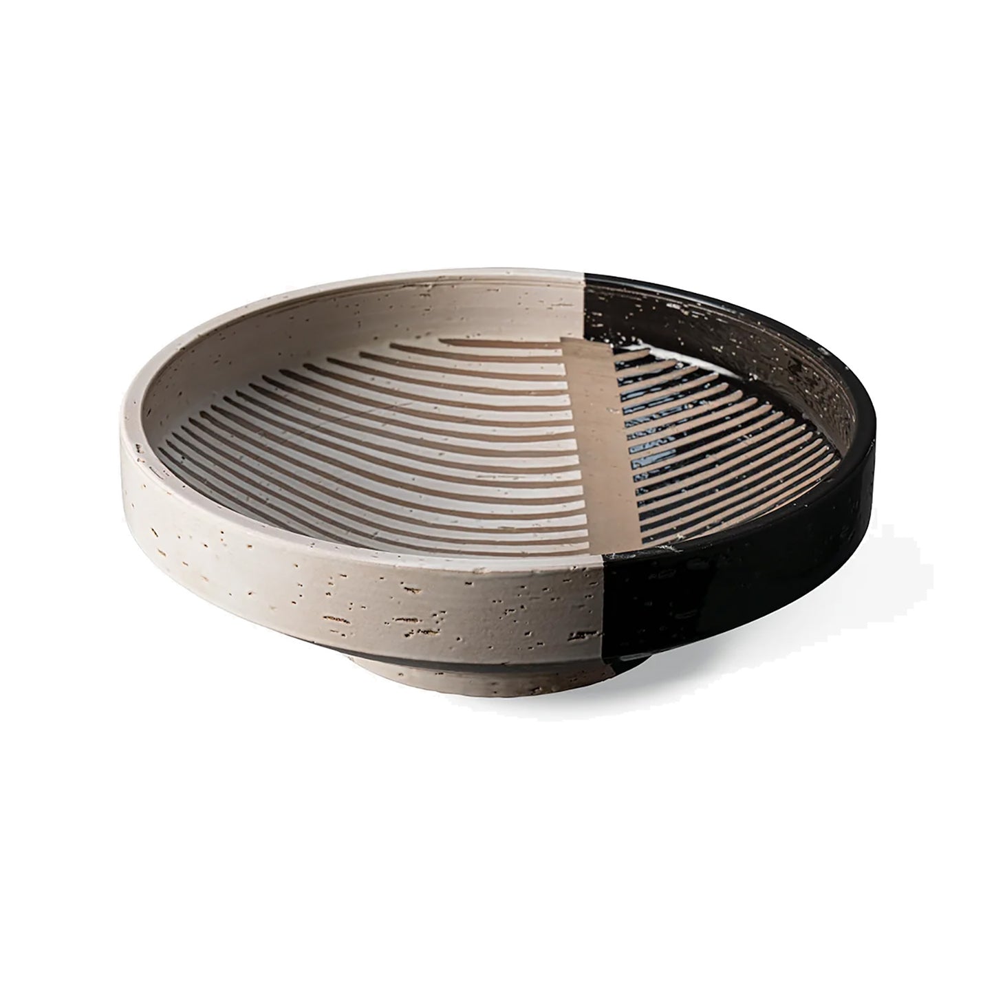 A modern ceramic planter or shallow bowl with a split design, featuring a speckled beige exterior, a black glazed band, and a ribbed beige interior, shown on a white background.