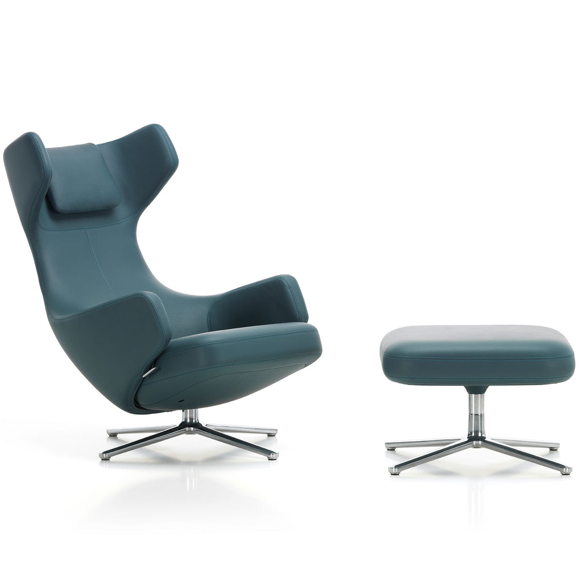 Grand Repos Lounge Chair & Ottoman | Premium Leather Smoke Blue 60