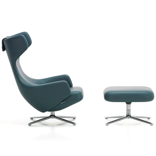 Grand Repos Lounge Chair & Ottoman | Premium Leather Smoke Blue 60
