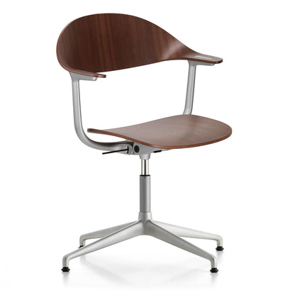 A modern office chair with a curved dark brown wooden seat and backrest, supported by a silver metal swivel base on a white background.
