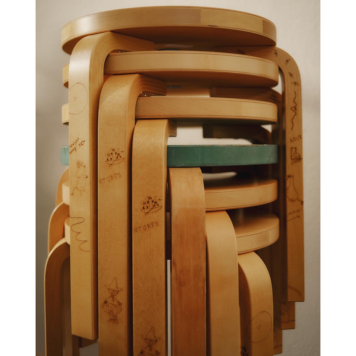 Artek + Moomin 60 Stool | Laser Engraved Honey Stained Solid Birch