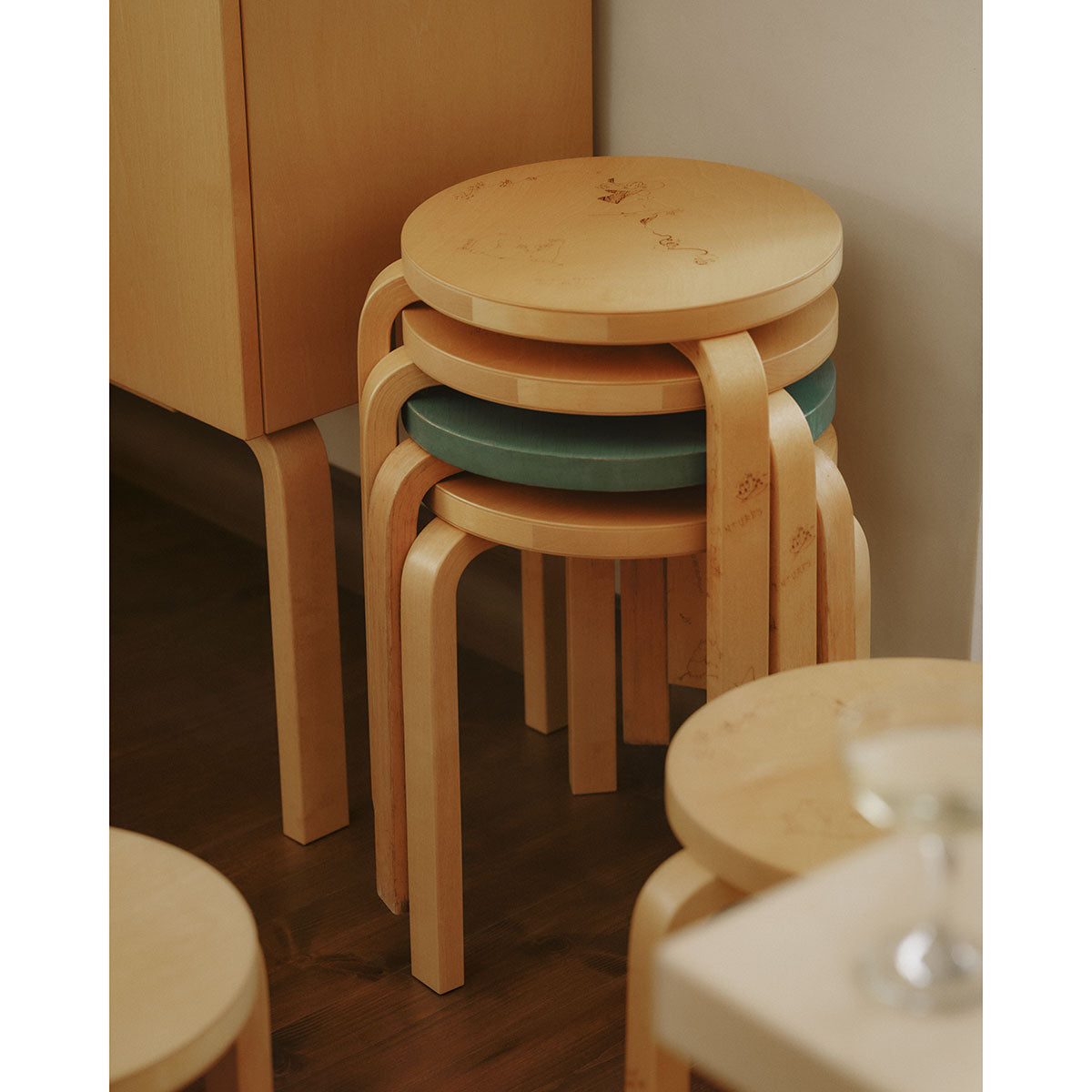 Artek + Moomin 60 Stool | Laser Engraved Honey Stained Solid Birch