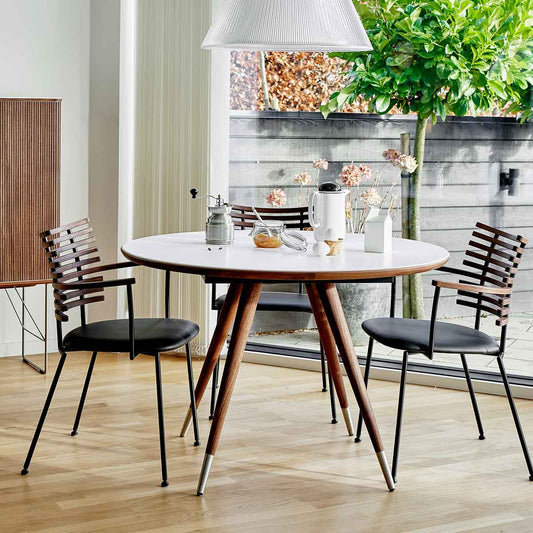 Edge Extending Round Table GM3900 | White Corian Top Walnut Legs Steel Tips