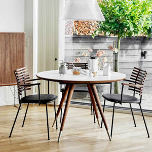 Edge Extending Round Table GM3900 | White Corian Top Walnut Legs Steel Tips