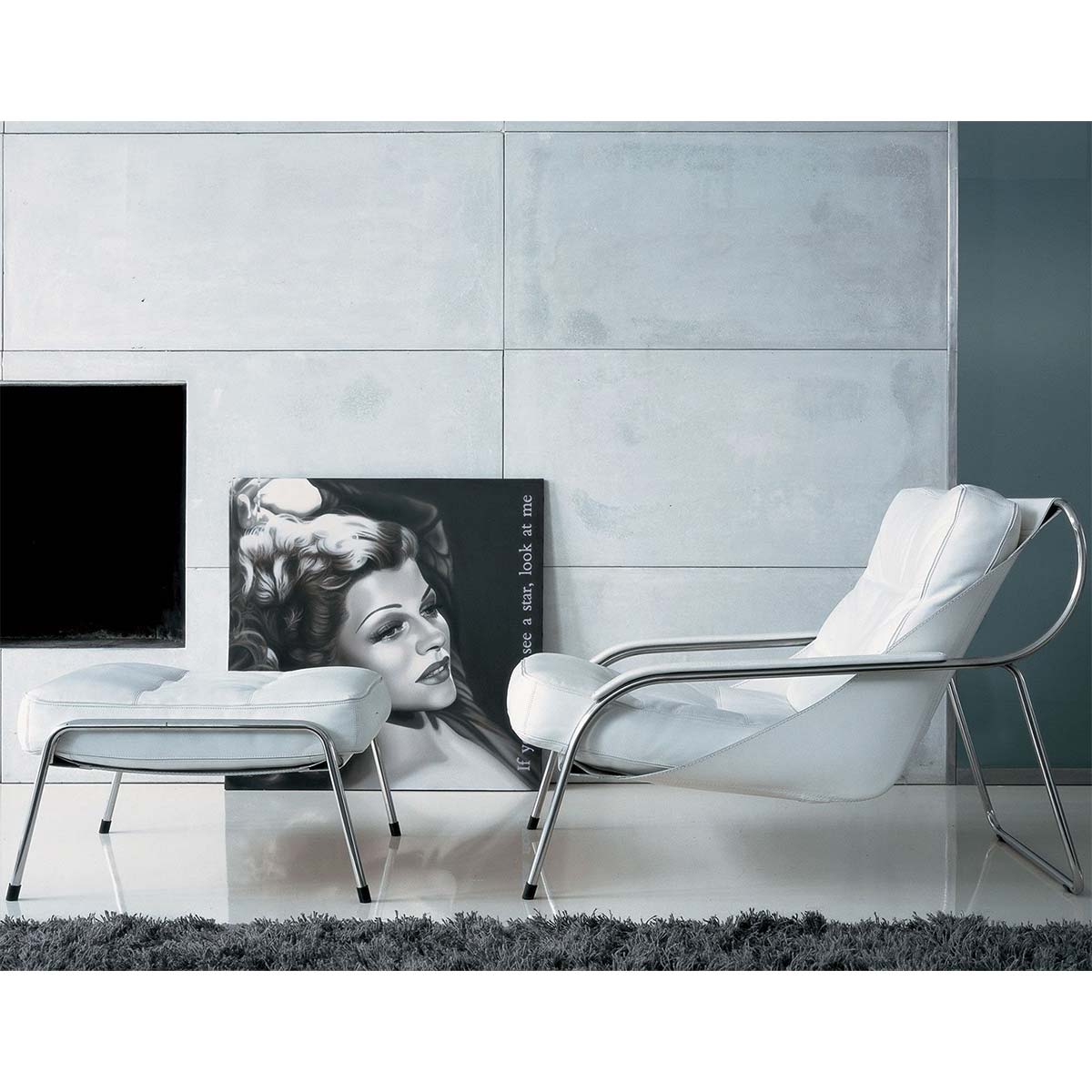 Maggiolina Lounge Chair | White 0300 Pelle Nappa Leather with White Cowhide Sling