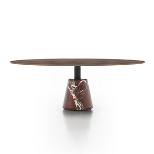Menhir Low Table A | Glossy Lacquer Brick Red LL24 top with Alpi Green Marble Base