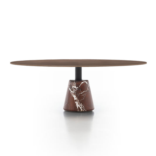 Menhir Low Table A | Glossy Lacquer Brick Red LL24 top with Alpi Green Marble Base