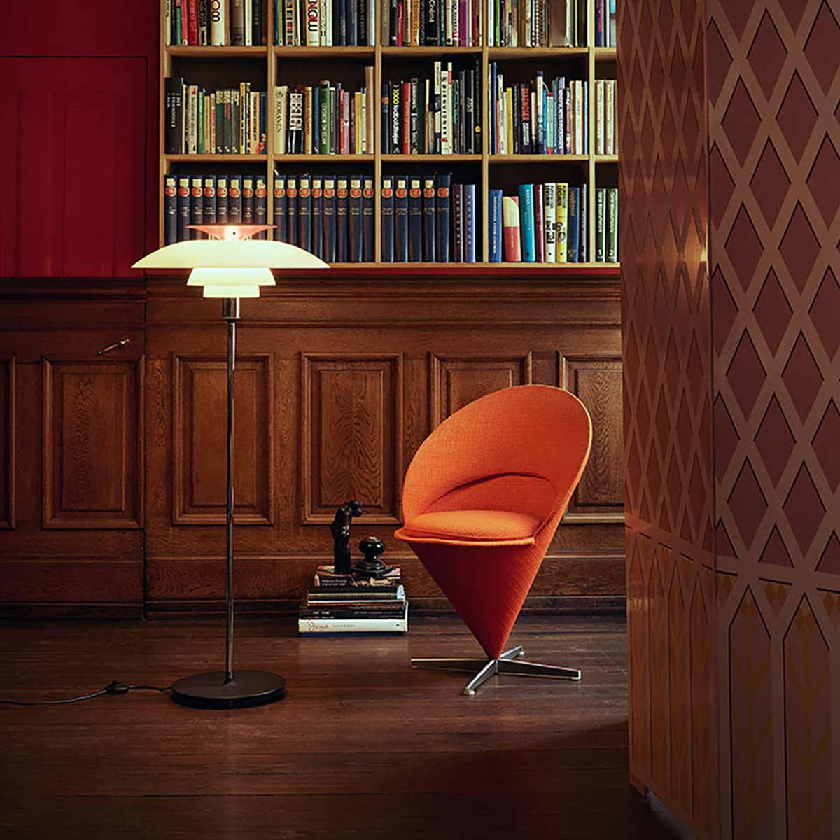 PH 80 Floor Lamp | Opal Shade with red reflector and chrome stem