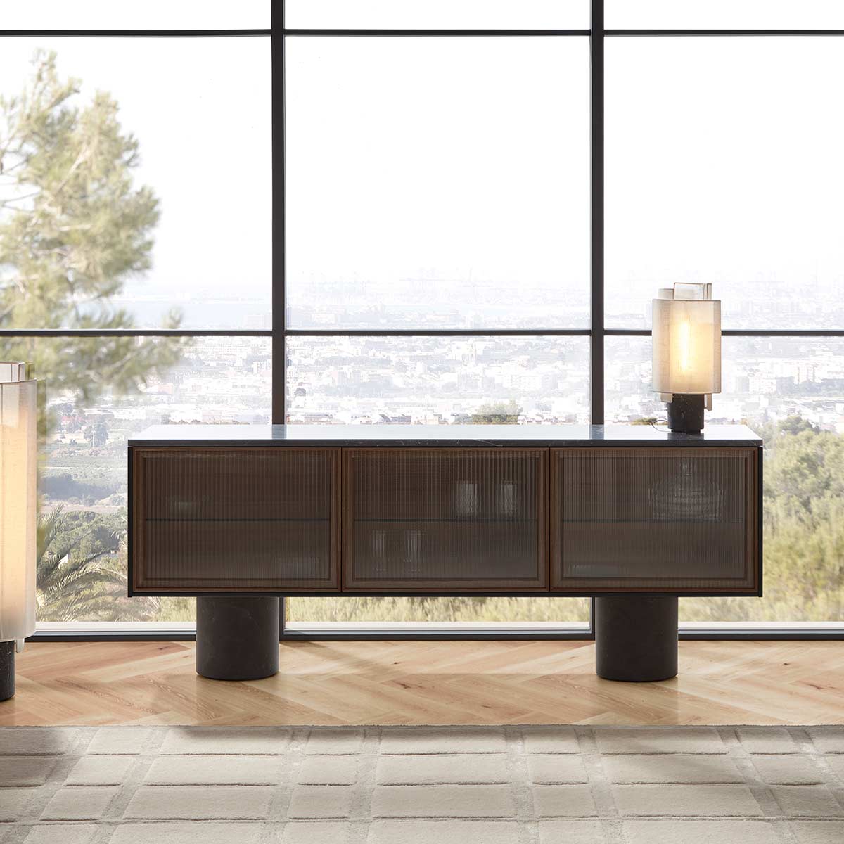Rio 300 Sideboard | Super-Matt Walnut Frame and Fluted Glass Doors