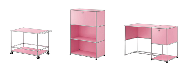USM Haller serving trolley, secretaire and small desk in True Pink